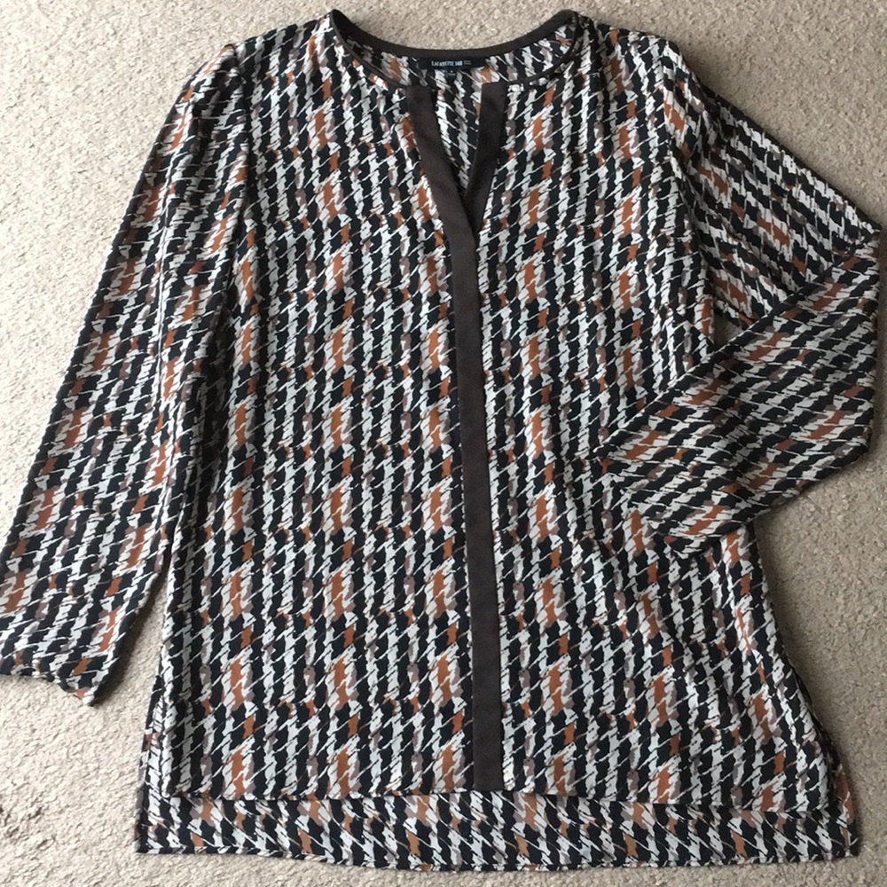 Lafayette 148 New York Black, White & Brown Patterned Long Sleeve Blouse